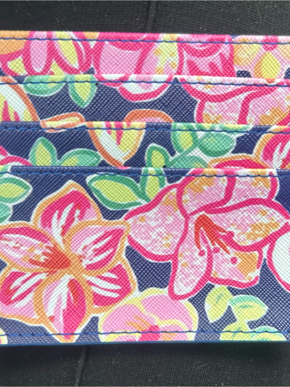 Floral Card Wallet in Navy, Pink & Green with Blue Glitter